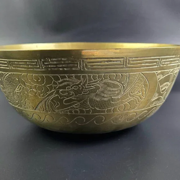 Antique Chinese Brass Bowl – 10 Diameter – Etched – Dragon and Phoenix Design